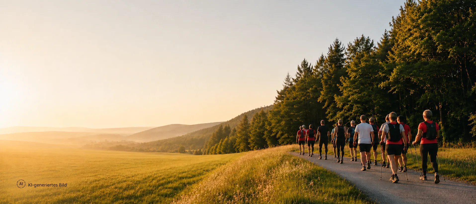 Gruppe von Läuferinnen, Läufern und Nordic Walkern auf einem Feldweg in hügeliger Landschaft im warmen Morgenlicht.
